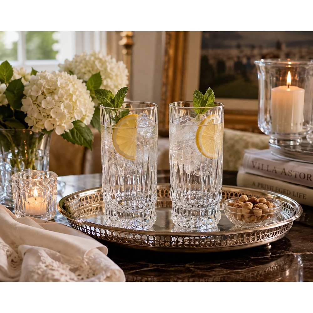 Crystal Highball Glasses Set of 2 Cut Glass Tumblers Heavy Weighted Base Clear